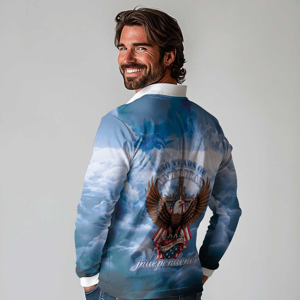 250 Years Of Freedom Long Sleeve Polo Shirt American Patriotic 1776 To 2026 Majestic Bald Eagle - Wonder Print Shop