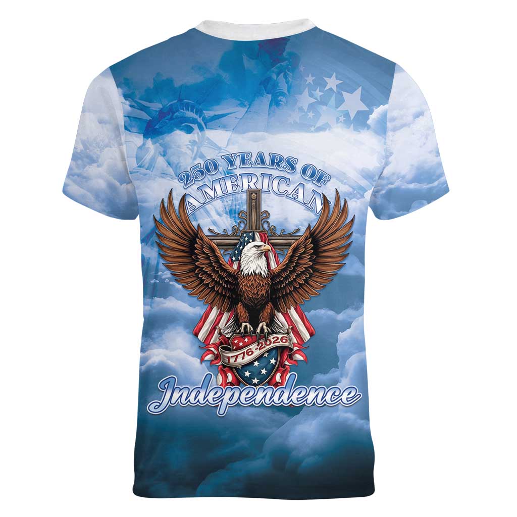 250 Years Of Freedom Women V-Neck T-Shirt American Patriotic 1776 To 2026 Majestic Bald Eagle - Wonder Print Shop