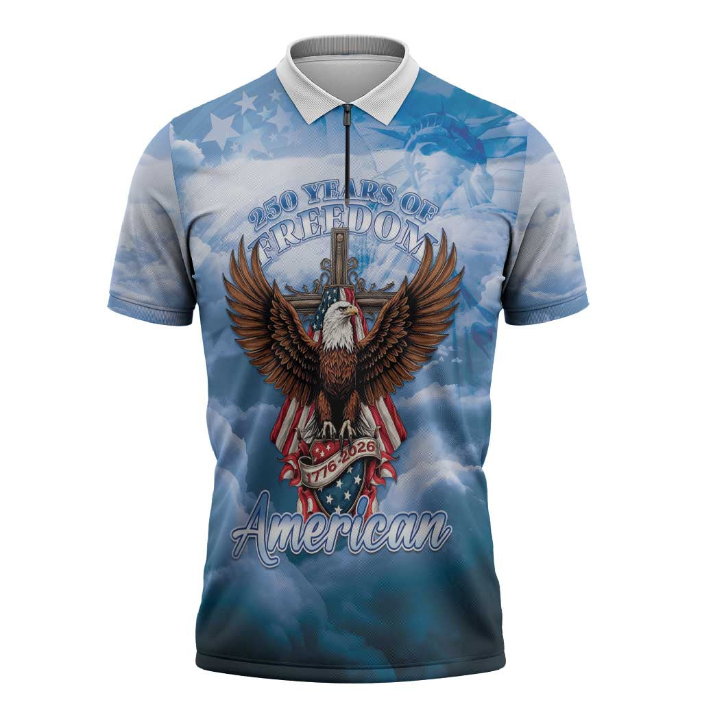 250 Years Of Freedom Zipper Polo Shirt American Patriotic 1776 To 2026 Majestic Bald Eagle - Wonder Print Shop
