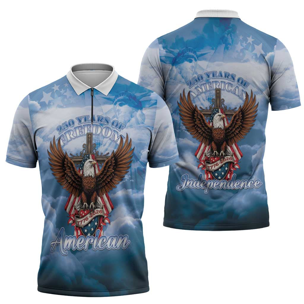 250 Years Of Freedom Zipper Polo Shirt American Patriotic 1776 To 2026 Majestic Bald Eagle - Wonder Print Shop