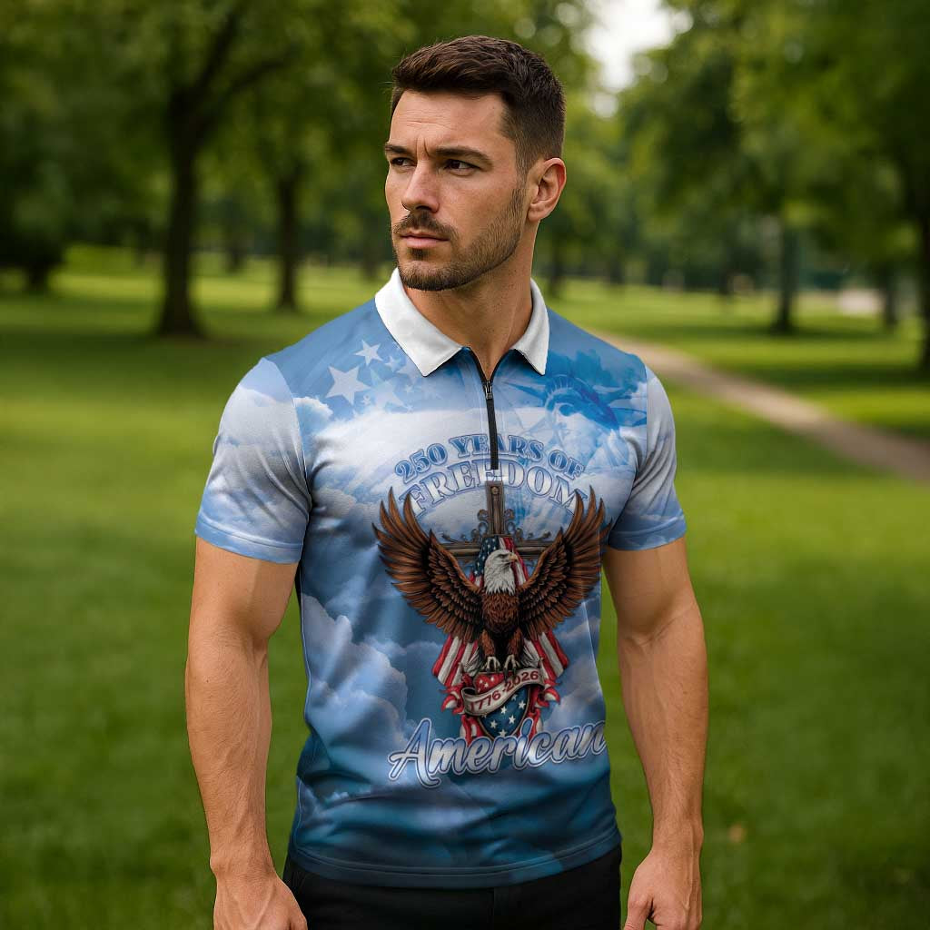 250 Years Of Freedom Zipper Polo Shirt American Patriotic 1776 To 2026 Majestic Bald Eagle - Wonder Print Shop