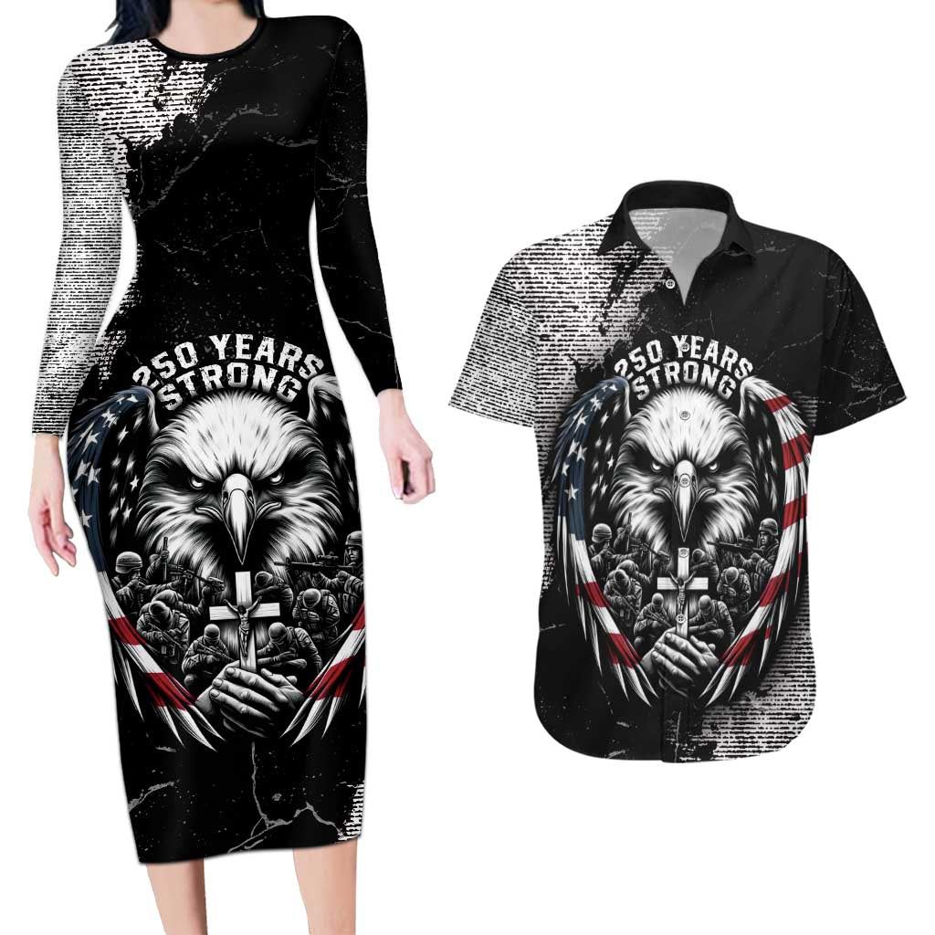 Personalized USA 250 Years Strong Couples Matching Long Sleeve Bodycon Dress and Hawaiian Shirt 4th Of July 2026 Semiquincentennial - Wonder Print Shop