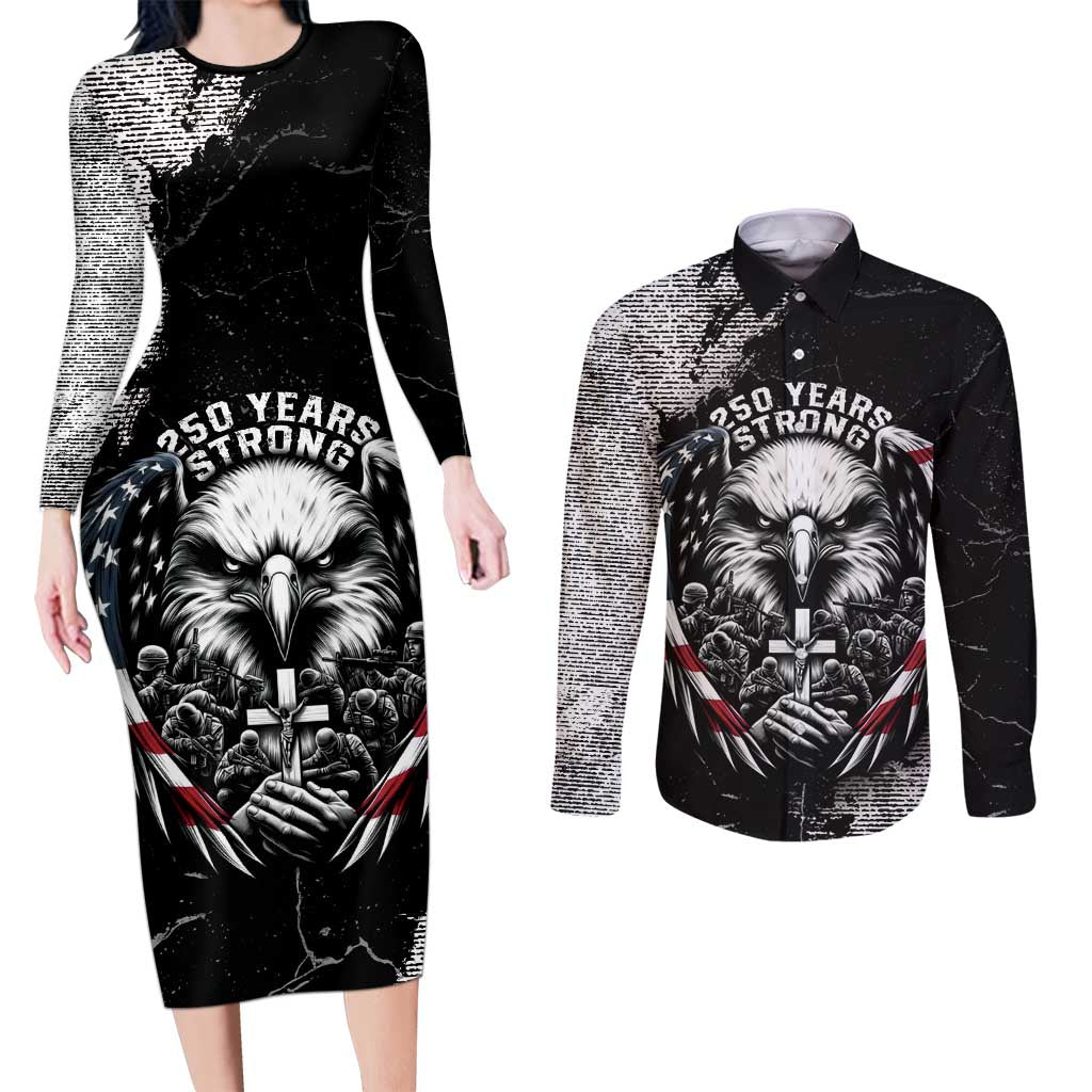 Personalized USA 250 Years Strong Couples Matching Long Sleeve Bodycon Dress and Long Sleeve Button Shirt 4th Of July 2026 Semiquincentennial - Wonder Print Shop