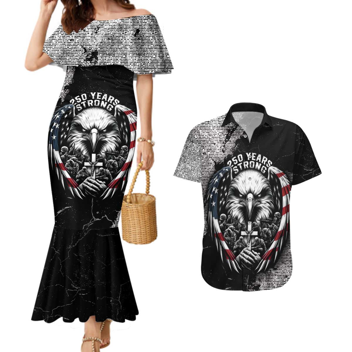 Personalized USA 250 Years Strong Couples Matching Mermaid Dress and Hawaiian Shirt 4th Of July 2026 Semiquincentennial - Wonder Print Shop