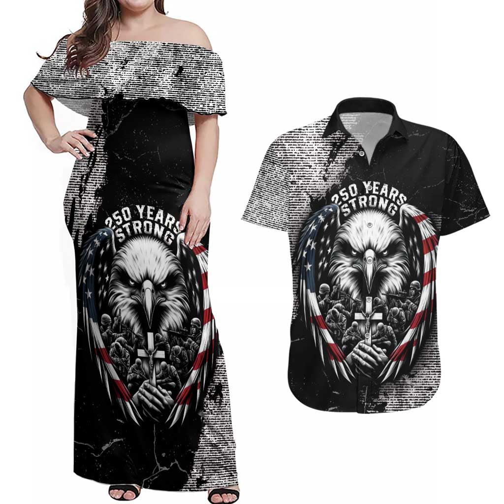 Personalized USA 250 Years Strong Couples Matching Off Shoulder Maxi Dress and Hawaiian Shirt 4th Of July 2026 Semiquincentennial - Wonder Print Shop