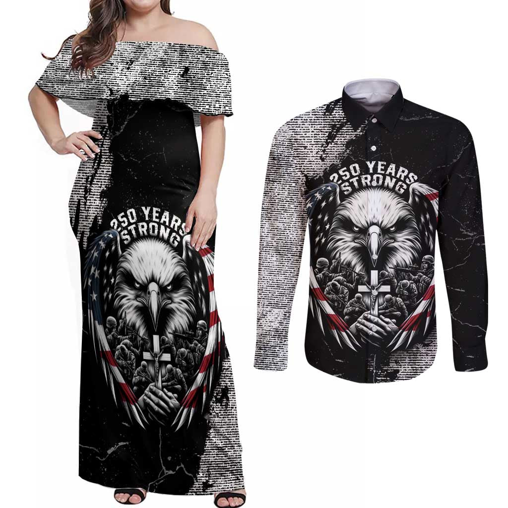 Personalized USA 250 Years Strong Couples Matching Off Shoulder Maxi Dress and Long Sleeve Button Shirt 4th Of July 2026 Semiquincentennial - Wonder Print Shop