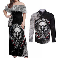 Personalized USA 250 Years Strong Couples Matching Off Shoulder Maxi Dress and Long Sleeve Button Shirt 4th Of July 2026 Semiquincentennial - Wonder Print Shop