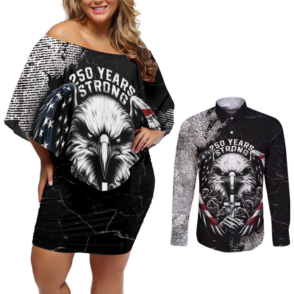 Personalized USA 250 Years Strong Couples Matching Off Shoulder Short Dress and Long Sleeve Button Shirt 4th Of July 2026 Semiquincentennial - Wonder Print Shop