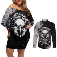 Personalized USA 250 Years Strong Couples Matching Off Shoulder Short Dress and Long Sleeve Button Shirt 4th Of July 2026 Semiquincentennial - Wonder Print Shop