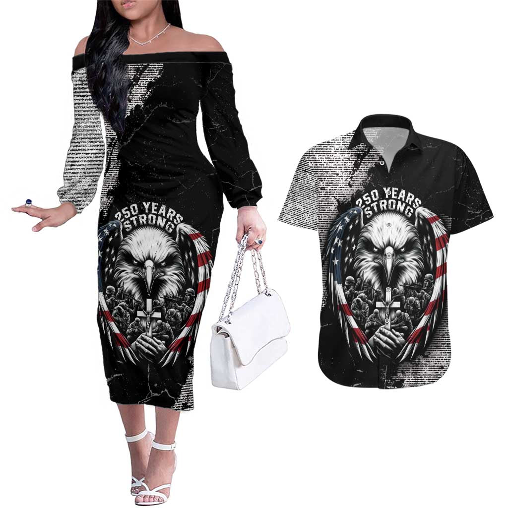 Personalized USA 250 Years Strong Couples Matching Off The Shoulder Long Sleeve Dress and Hawaiian Shirt 4th Of July 2026 Semiquincentennial - Wonder Print Shop