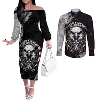 Personalized USA 250 Years Strong Couples Matching Off The Shoulder Long Sleeve Dress and Long Sleeve Button Shirt 4th Of July 2026 Semiquincentennial - Wonder Print Shop