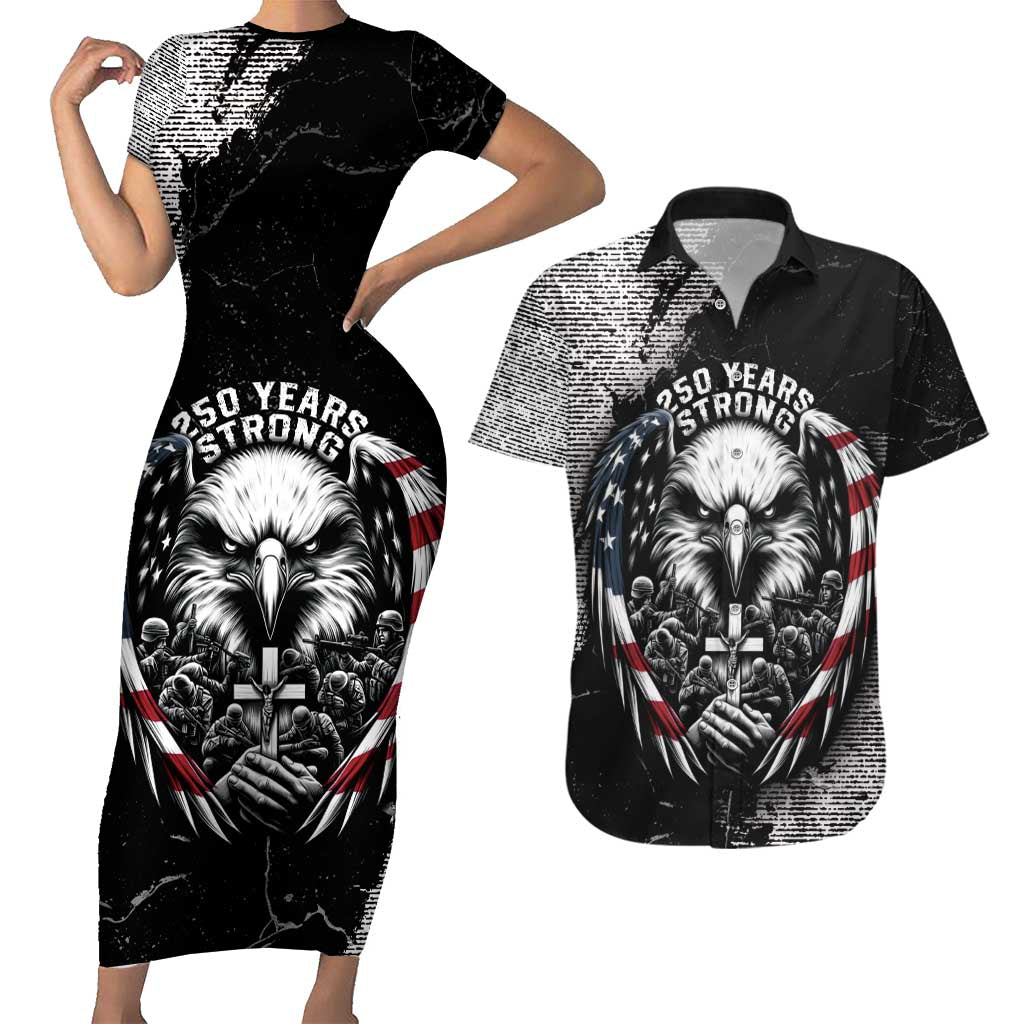 Personalized USA 250 Years Strong Couples Matching Short Sleeve Bodycon Dress and Hawaiian Shirt 4th Of July 2026 Semiquincentennial - Wonder Print Shop