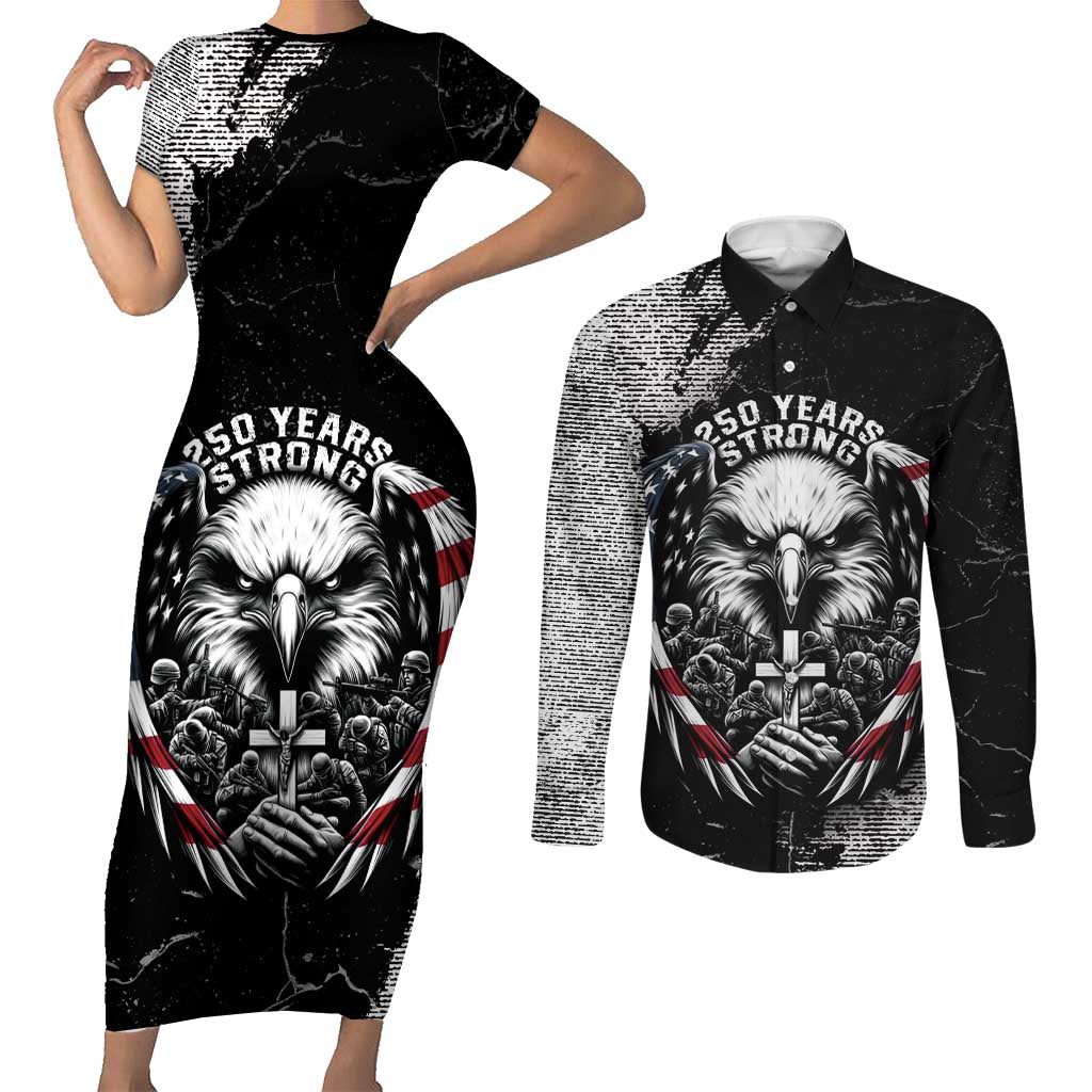 Personalized USA 250 Years Strong Couples Matching Short Sleeve Bodycon Dress and Long Sleeve Button Shirt 4th Of July 2026 Semiquincentennial - Wonder Print Shop