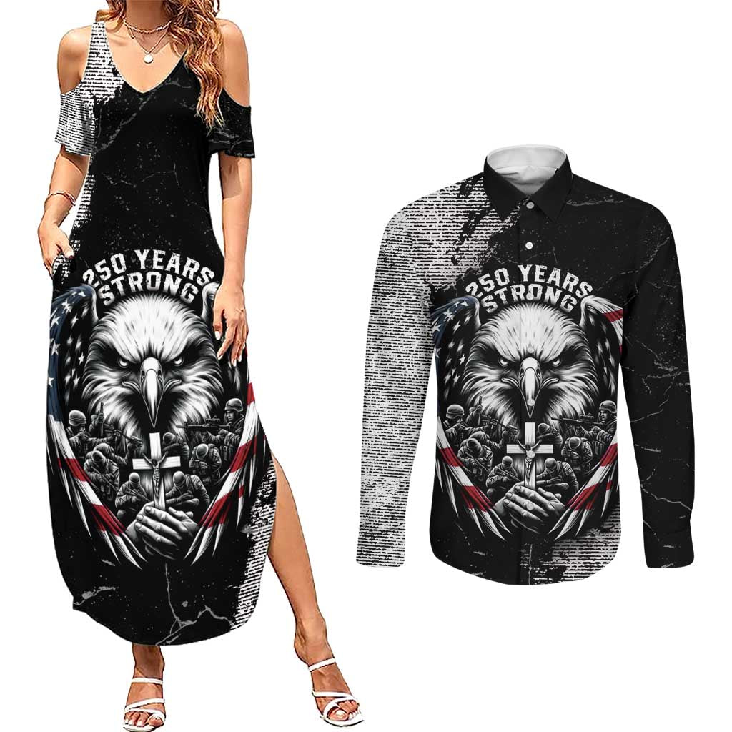 Personalized USA 250 Years Strong Couples Matching Summer Maxi Dress and Long Sleeve Button Shirt 4th Of July 2026 Semiquincentennial - Wonder Print Shop
