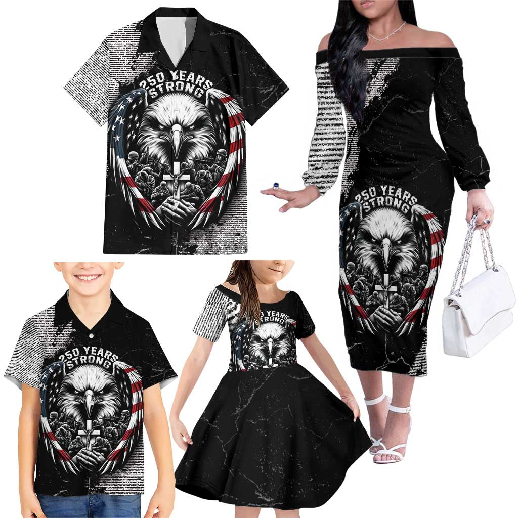 Personalized USA 250 Years Strong Family Matching Off The Shoulder Long Sleeve Dress and Hawaiian Shirt 4th Of July 2026 Semiquincentennial - Wonder Print Shop