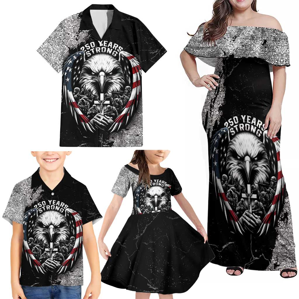 Personalized USA 250 Years Strong Family Matching Off Shoulder Maxi Dress and Hawaiian Shirt 4th Of July 2026 Semiquincentennial - Wonder Print Shop