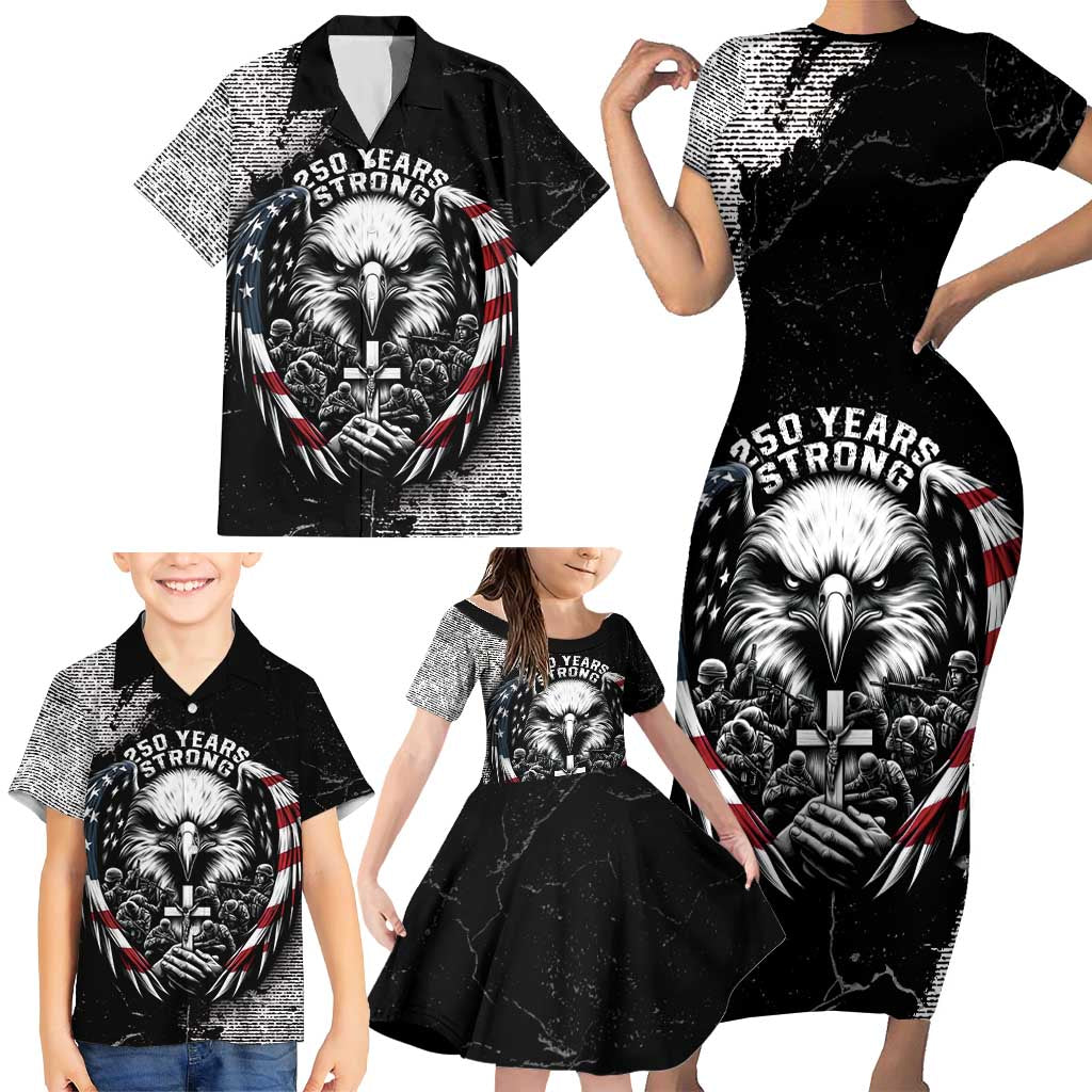 Personalized USA 250 Years Strong Family Matching Short Sleeve Bodycon Dress and Hawaiian Shirt 4th Of July 2026 Semiquincentennial - Wonder Print Shop