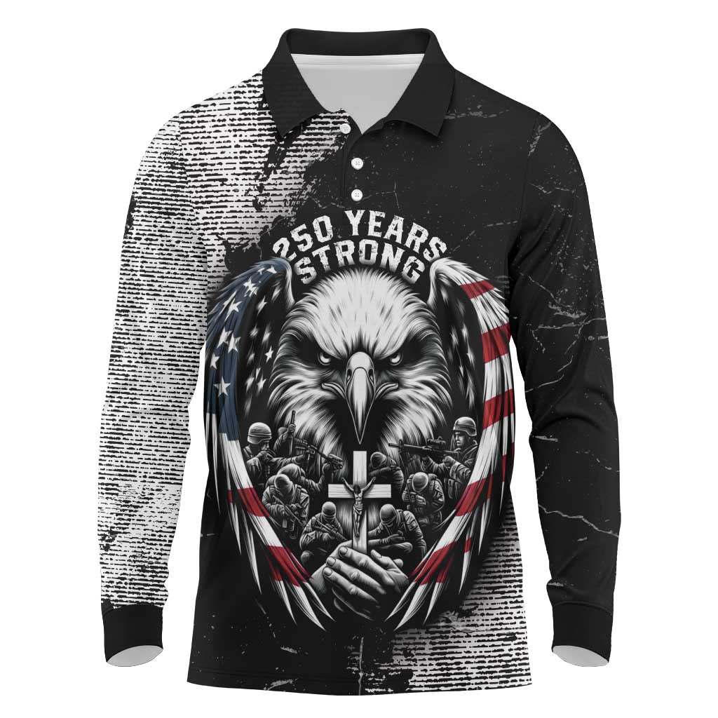 Personalized USA 250 Years Strong Long Sleeve Polo Shirt 4th Of July 2026 Semiquincentennial - Wonder Print Shop