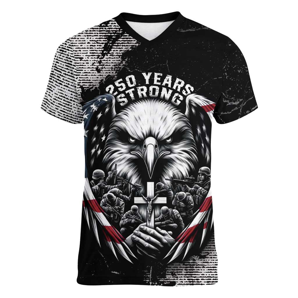 Personalized USA 250 Years Strong Women V-Neck T-Shirt 4th Of July 2026 Semiquincentennial - Wonder Print Shop