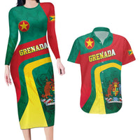 Personalised Grenada Couples Matching Long Sleeve Bodycon Dress and Hawaiian Shirt Coat Of Arms Unique Style