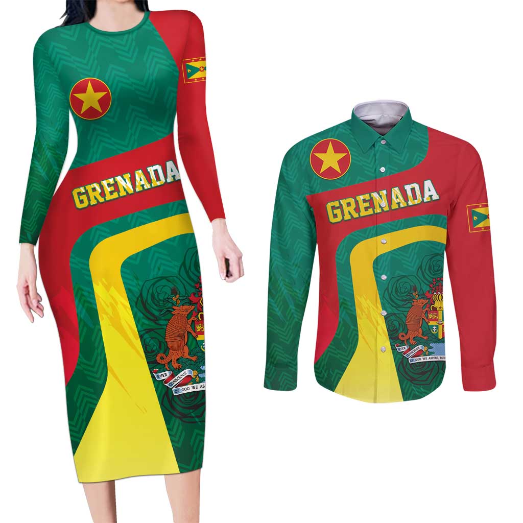 Personalised Grenada Couples Matching Long Sleeve Bodycon Dress and Long Sleeve Button Shirt Coat Of Arms Unique Style