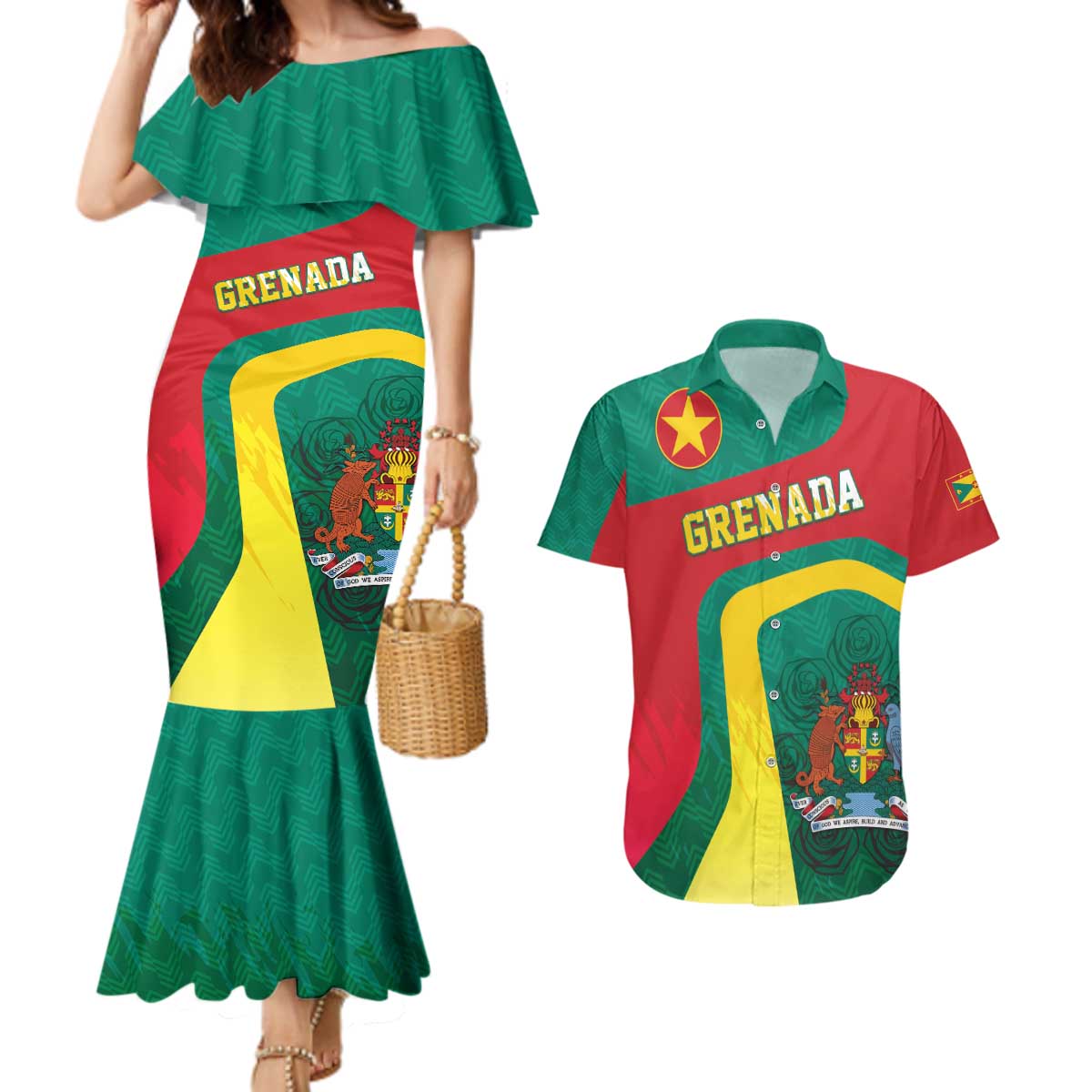 Personalised Grenada Couples Matching Mermaid Dress and Hawaiian Shirt Coat Of Arms Unique Style