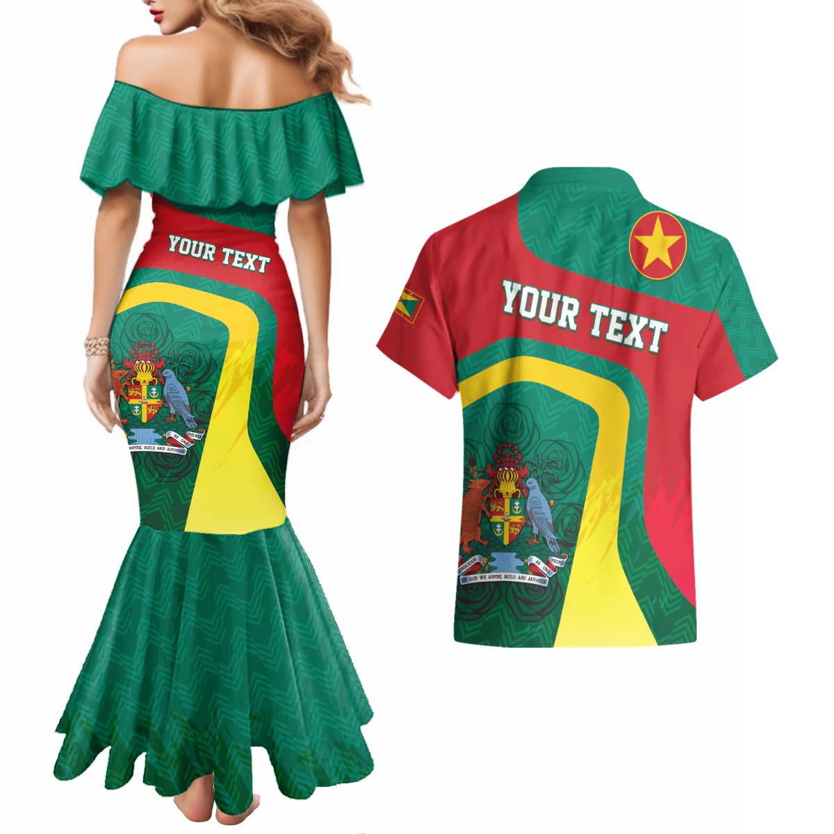 Personalised Grenada Couples Matching Mermaid Dress and Hawaiian Shirt Coat Of Arms Unique Style