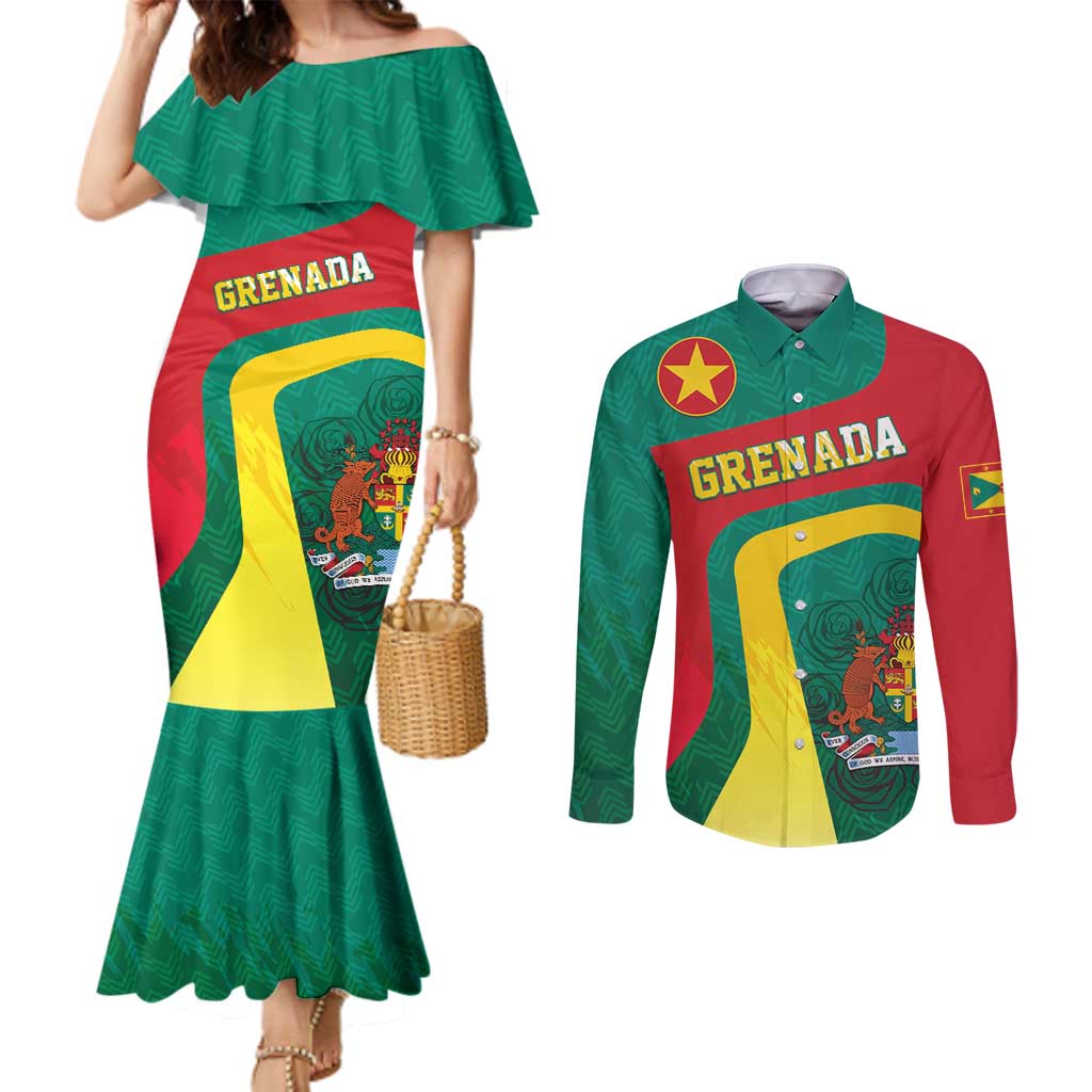 Personalised Grenada Couples Matching Mermaid Dress and Long Sleeve Button Shirt Coat Of Arms Unique Style