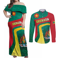 Personalised Grenada Couples Matching Off Shoulder Maxi Dress and Long Sleeve Button Shirt Coat Of Arms Unique Style