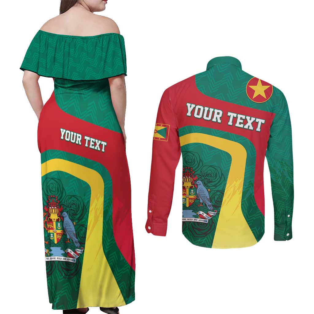 Personalised Grenada Couples Matching Off Shoulder Maxi Dress and Long Sleeve Button Shirt Coat Of Arms Unique Style