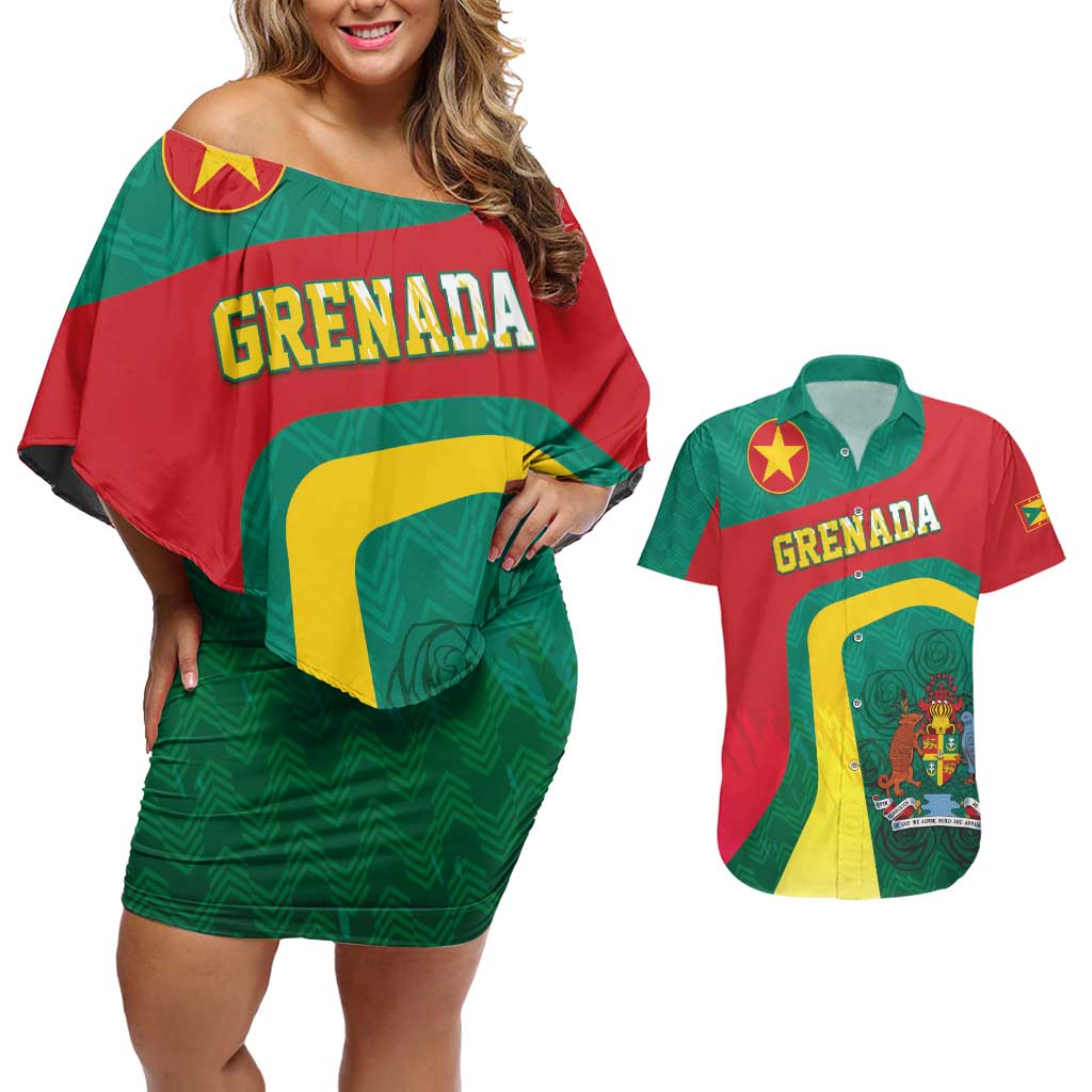 Personalised Grenada Couples Matching Off Shoulder Short Dress and Hawaiian Shirt Coat Of Arms Unique Style