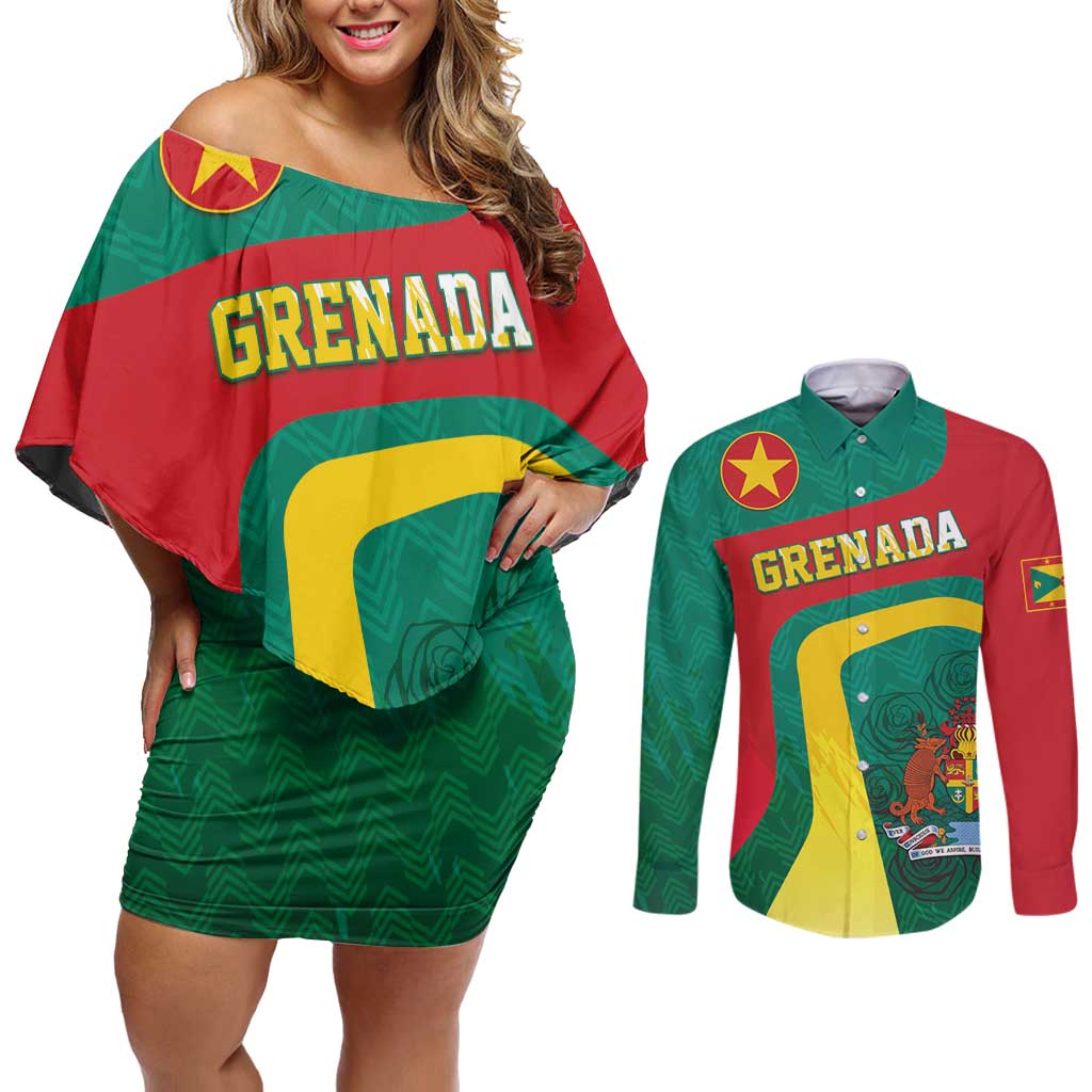 Personalised Grenada Couples Matching Off Shoulder Short Dress and Long Sleeve Button Shirt Coat Of Arms Unique Style