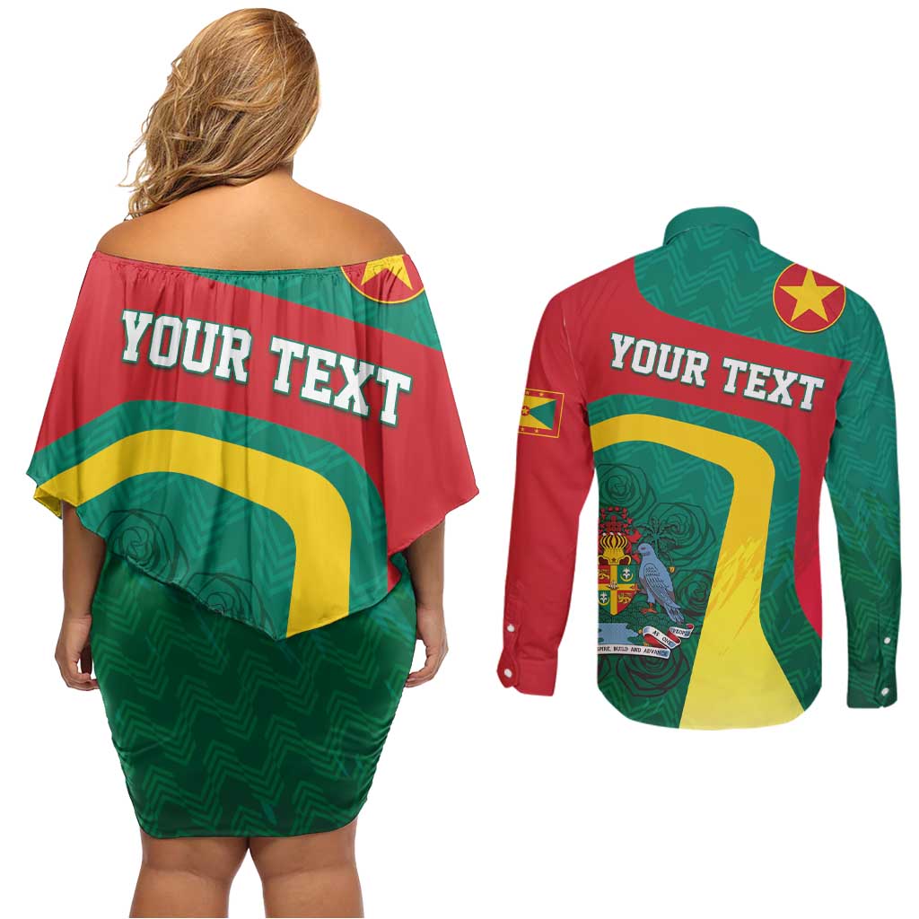 Personalised Grenada Couples Matching Off Shoulder Short Dress and Long Sleeve Button Shirt Coat Of Arms Unique Style
