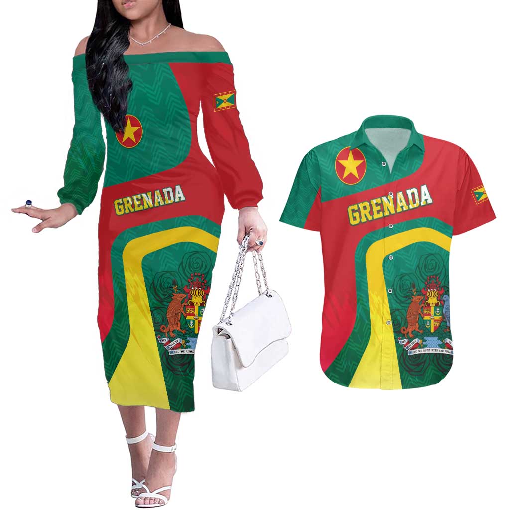 Personalised Grenada Couples Matching Off The Shoulder Long Sleeve Dress and Hawaiian Shirt Coat Of Arms Unique Style