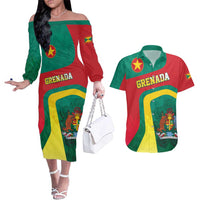 Personalised Grenada Couples Matching Off The Shoulder Long Sleeve Dress and Hawaiian Shirt Coat Of Arms Unique Style