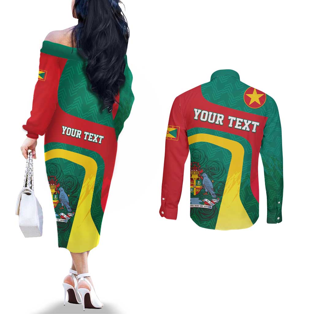 Personalised Grenada Couples Matching Off The Shoulder Long Sleeve Dress and Long Sleeve Button Shirt Coat Of Arms Unique Style