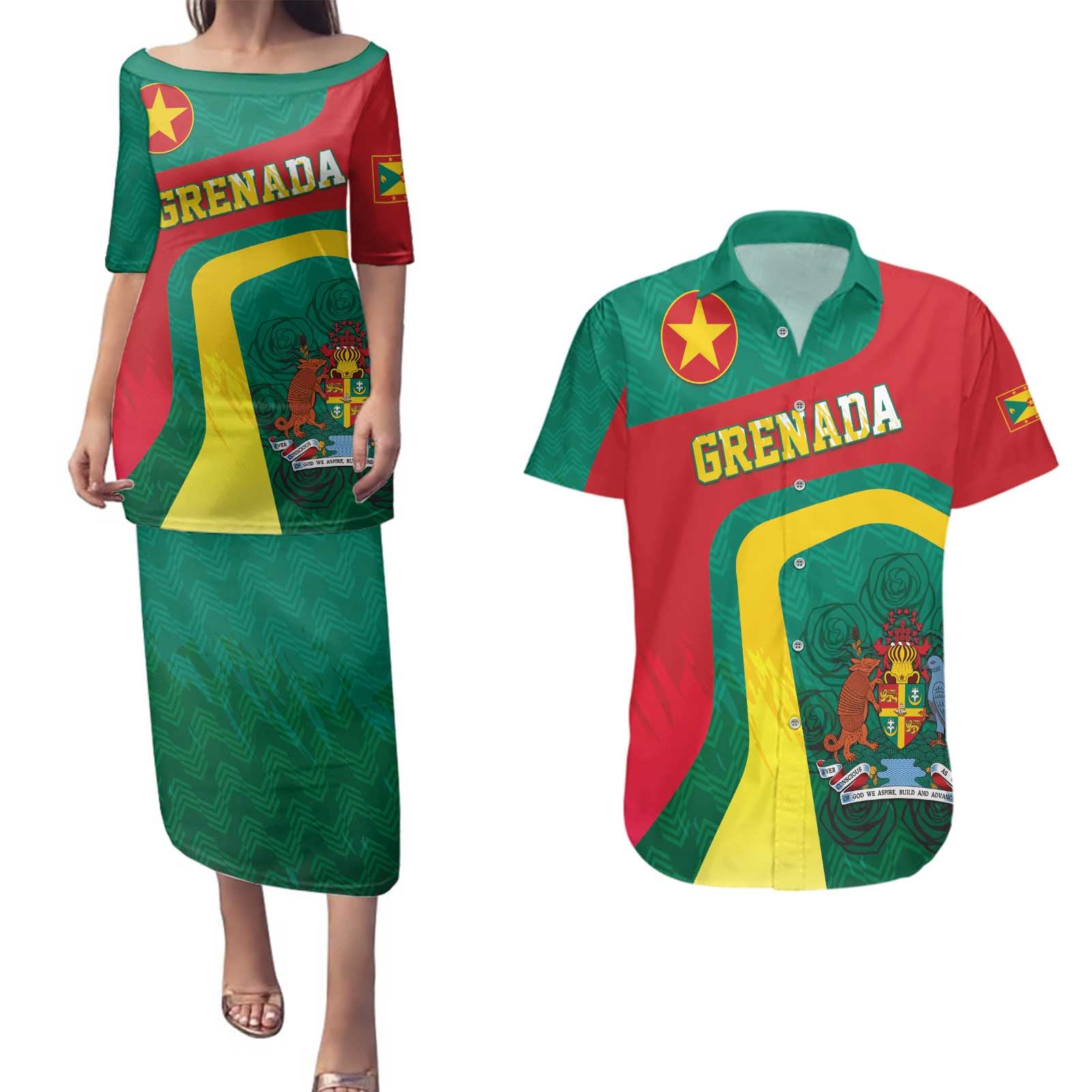 Personalised Grenada Couples Matching Puletasi and Hawaiian Shirt Coat Of Arms Unique Style