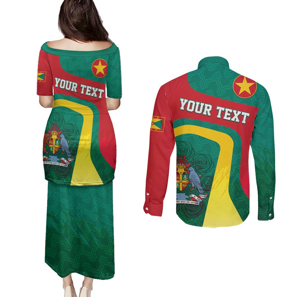 Personalised Grenada Couples Matching Puletasi and Long Sleeve Button Shirt Coat Of Arms Unique Style