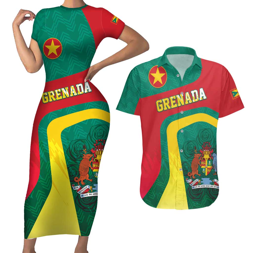 Personalised Grenada Couples Matching Short Sleeve Bodycon Dress and Hawaiian Shirt Coat Of Arms Unique Style