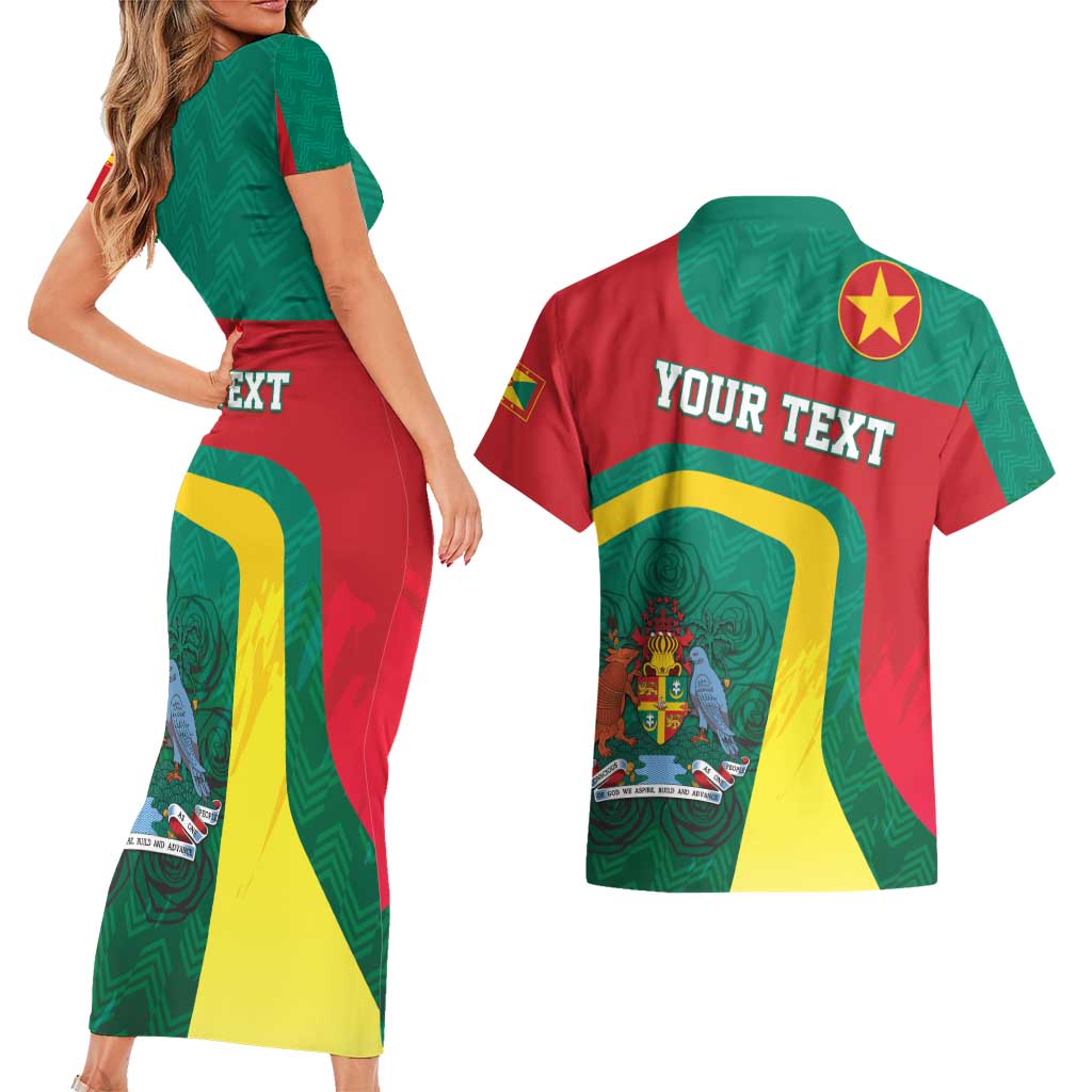 Personalised Grenada Couples Matching Short Sleeve Bodycon Dress and Hawaiian Shirt Coat Of Arms Unique Style