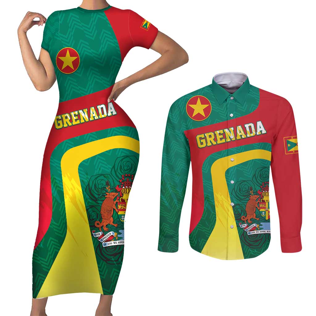 Personalised Grenada Couples Matching Short Sleeve Bodycon Dress and Long Sleeve Button Shirt Coat Of Arms Unique Style