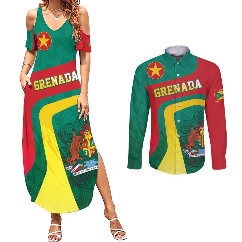 Personalised Grenada Couples Matching Summer Maxi Dress and Long Sleeve Button Shirt Coat Of Arms Unique Style