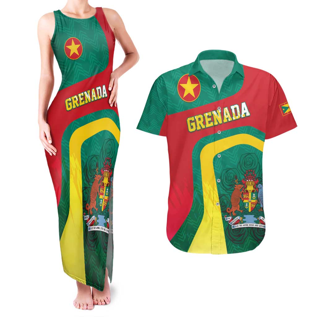 Personalised Grenada Couples Matching Tank Maxi Dress and Hawaiian Shirt Coat Of Arms Unique Style