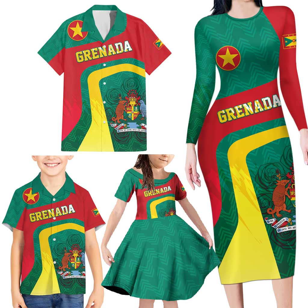 Personalised Grenada Family Matching Long Sleeve Bodycon Dress and Hawaiian Shirt Coat Of Arms Unique Style