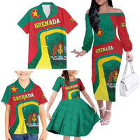 Personalised Grenada Family Matching Off The Shoulder Long Sleeve Dress and Hawaiian Shirt Coat Of Arms Unique Style