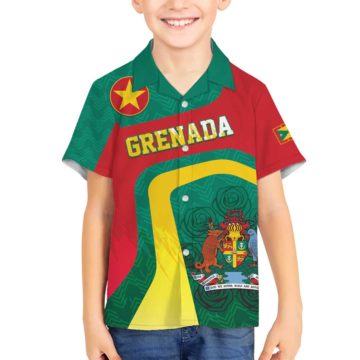 Personalised Grenada Family Matching Off The Shoulder Long Sleeve Dress and Hawaiian Shirt Coat Of Arms Unique Style