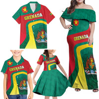 Personalised Grenada Family Matching Off Shoulder Maxi Dress and Hawaiian Shirt Coat Of Arms Unique Style