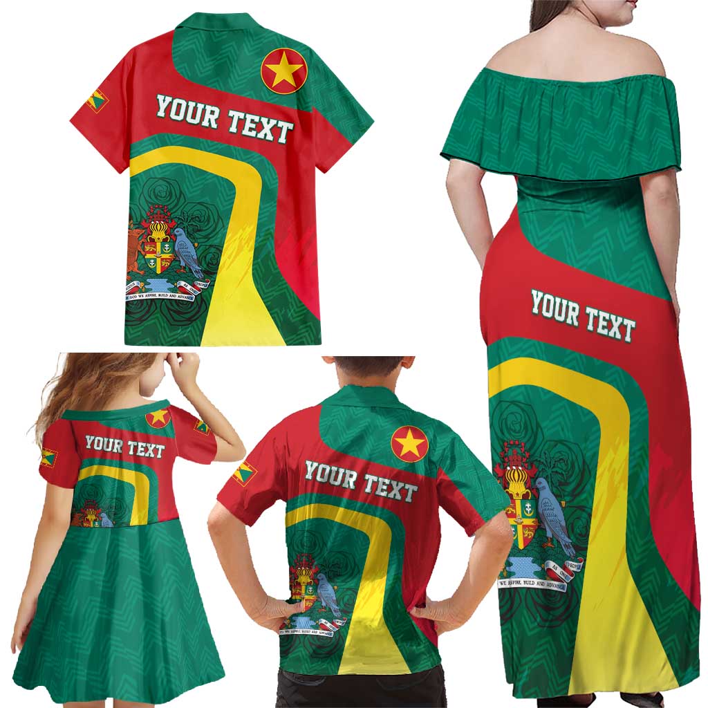 Personalised Grenada Family Matching Off Shoulder Maxi Dress and Hawaiian Shirt Coat Of Arms Unique Style
