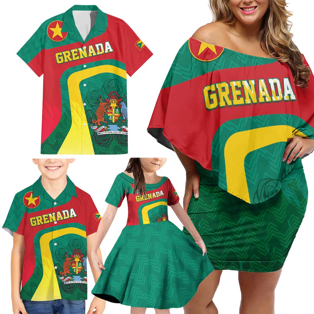 Personalised Grenada Family Matching Off Shoulder Short Dress and Hawaiian Shirt Coat Of Arms Unique Style