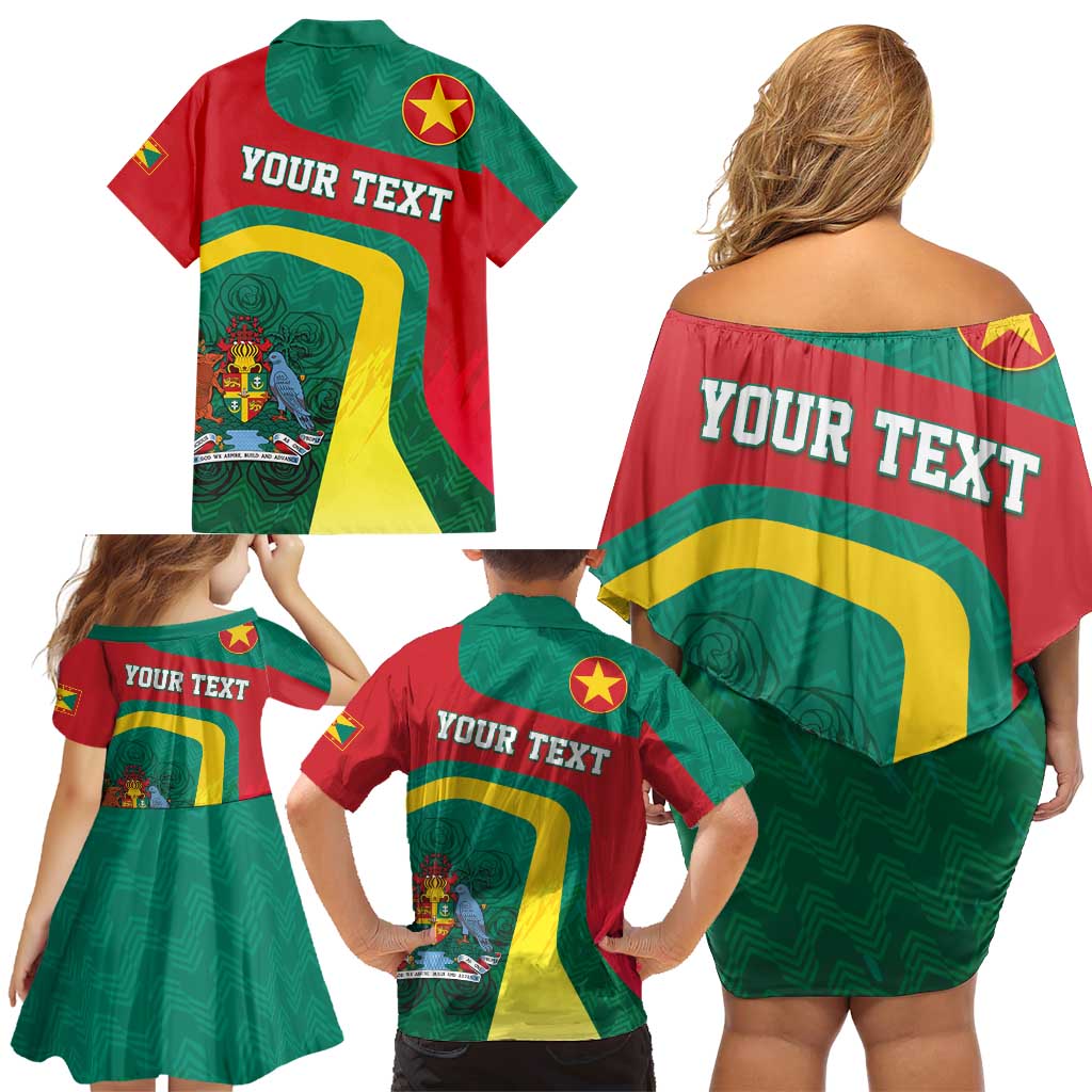 Personalised Grenada Family Matching Off Shoulder Short Dress and Hawaiian Shirt Coat Of Arms Unique Style